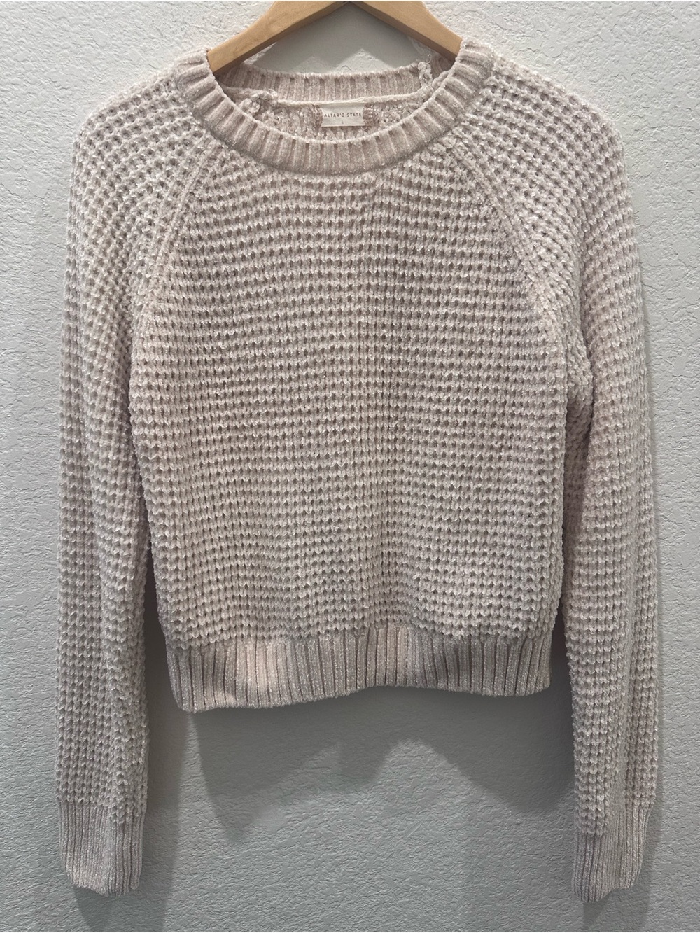 Altar'd State Womens Chenille Waffle Knit Sweater Cream Beige Raglan Large
